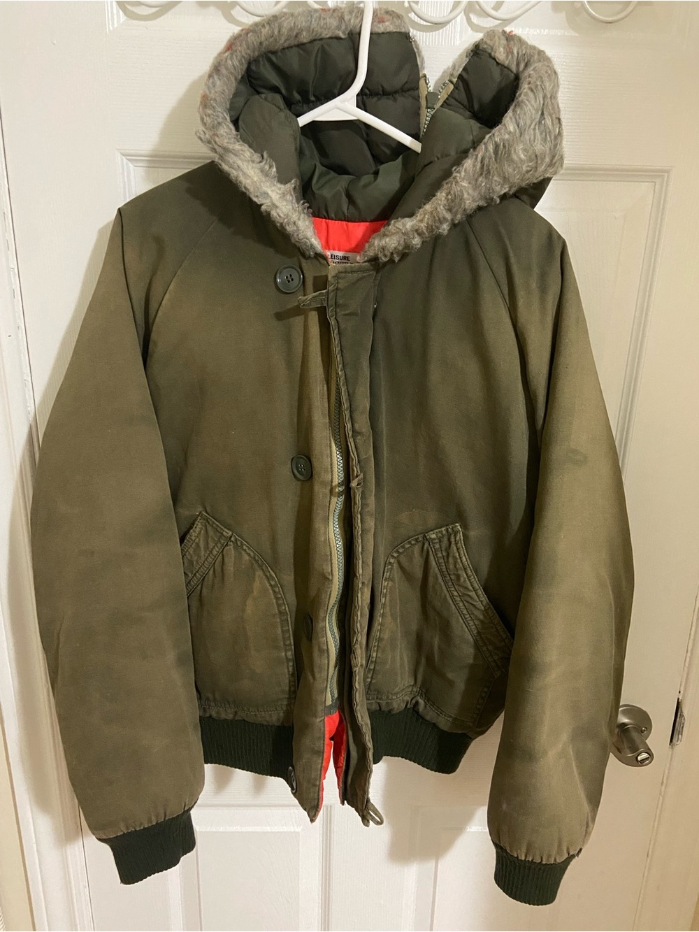 Vintage Sears Olive Green Hooded Puffer Jacket with Fur Trim